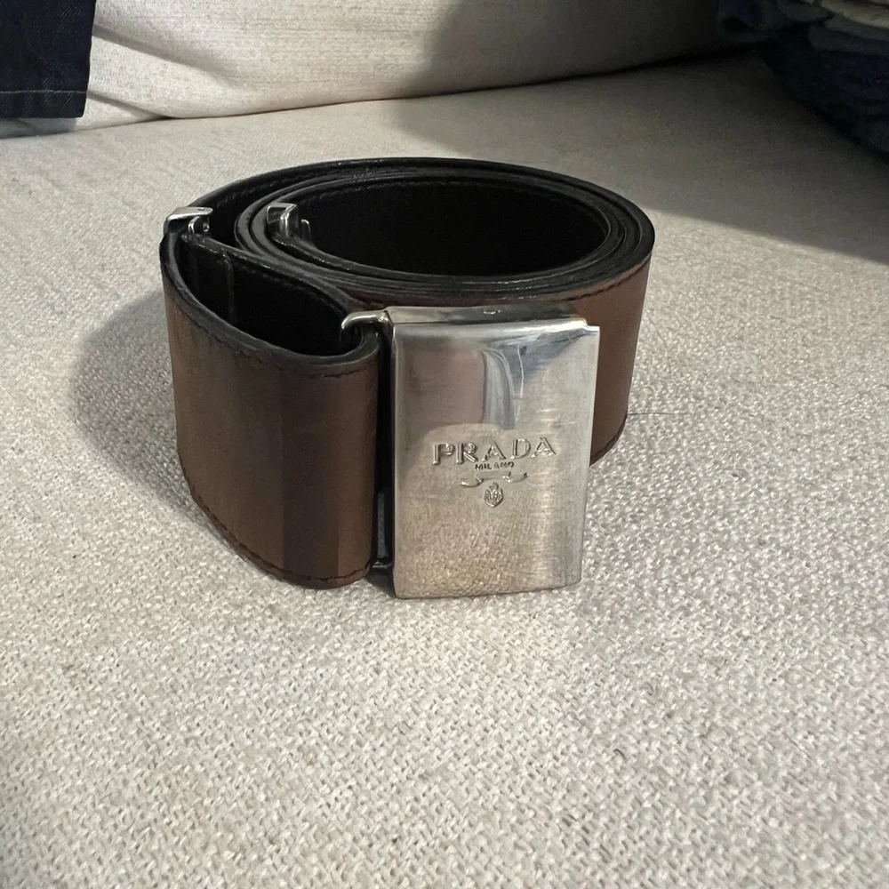 Prada Dark Brown Adjustable Leather Belt with Silver Buckle Logo Clasp - Picture 2 of 7